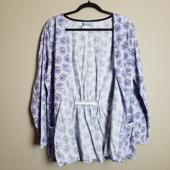 White Swan Light Purple Floral Velvet Button Down Scrub Jacket Coat Large - Picture 8 of 8